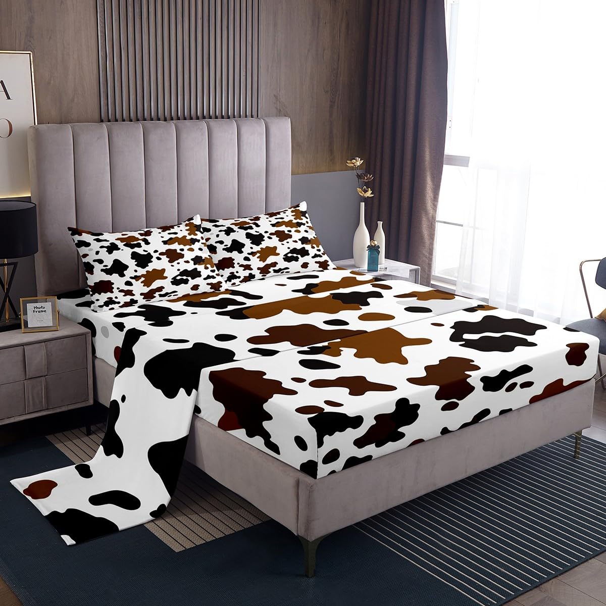 Cowhide Fitted Sheet Farm Cow Print Bedding Sets Brown Black Tie Dye Sheet Set for Kids Boys Girls Adults Farmhouse Animal Western Cowboy Top Flat Sheet with 2 Pillow Cases King