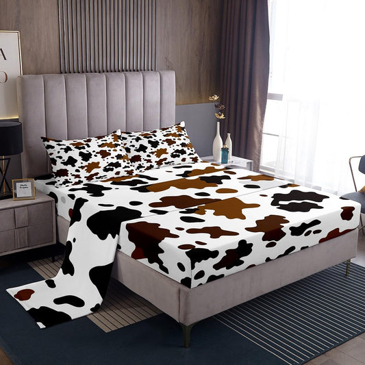 Cowhide Fitted Sheet Farm Cow Print Bedding Sets Brown Black Tie Dye Sheet Set for Kids Boys Girls Adults Farmhouse Animal Western Cowboy Top Flat Sheet with 2 Pillow Cases King