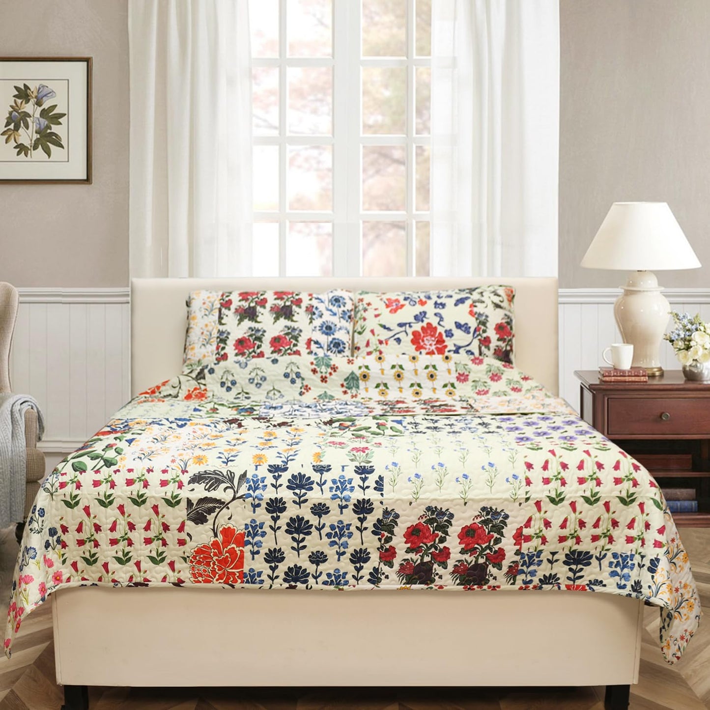 Benlarky Patchwork Quilt Set Queen Size 3 Pieces Set Quilts Block Print Bohemian Bedspread Coverlet Set for All Season Reversible Boho Bed Cover Bedding Set 1 Quilt and 2 Pillow Shams, 96" x 92"