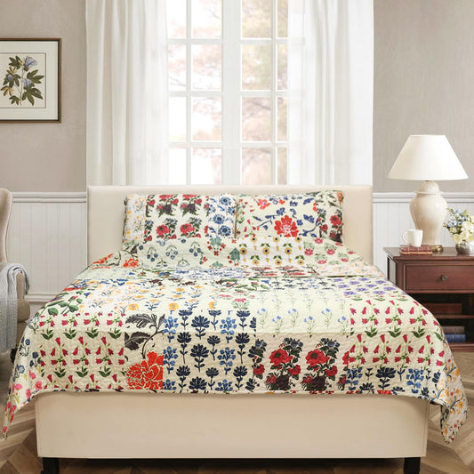 Benlarky Patchwork Quilt Set Queen Size 3 Pieces Set Quilts Block Print Bohemian Bedspread Coverlet Set for All Season Reversible Boho Bed Cover Bedding Set 1 Quilt and 2 Pillow Shams, 96" x 92"
