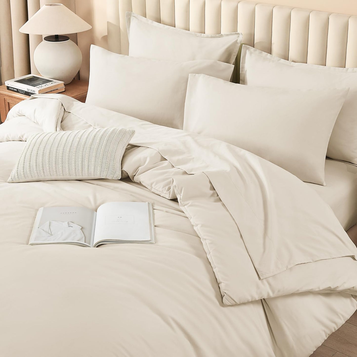 Litanika Bed in a Bag Queen Beige - 7 Pieces Queen Comforter Set Bedding Comforter Sets, Solid Fluffy Bed Set with Comforter, Sheets, Pillowcases & Shams
