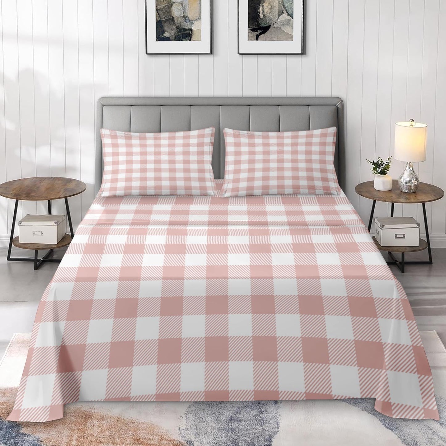Pamnest Full Size Bed Sheet Sets, Valentine Gingham Buffalo Plaid Soft Microfiber 4 Pcs Bedding Sets for Kids and Adults Bedroom Bed Decor, Pink Cute Love Flat, Fitted Sheet and 2 Pillowcases
