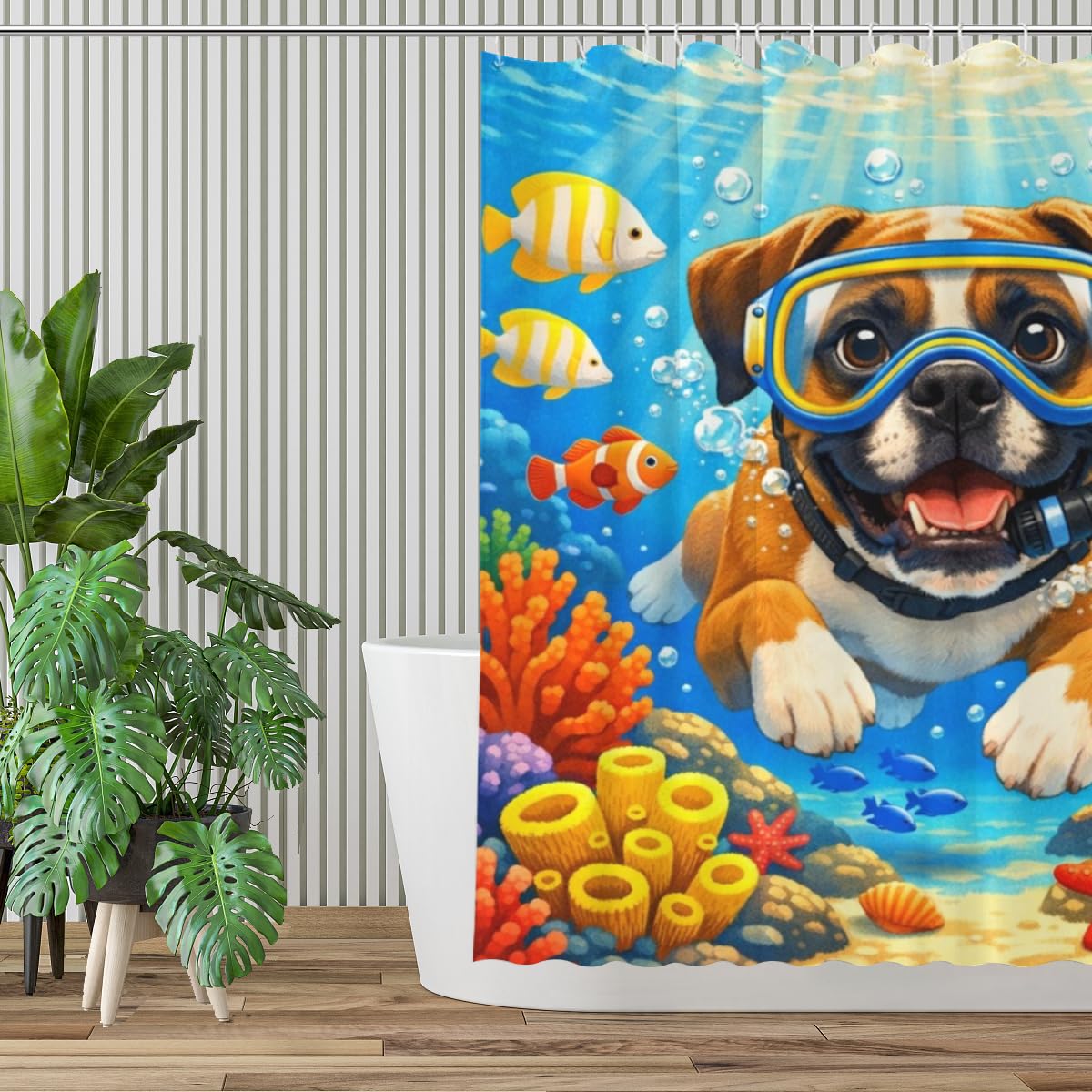 REZHOCH Kids Ocean Shower Curtain 72x72Inch Fun Boxer Snorkeling Underwater Tropical Fish Coral Reef Home Bathroom Decor,Boy Girl Cartoon Animal Coastal Bath Set with Hooks