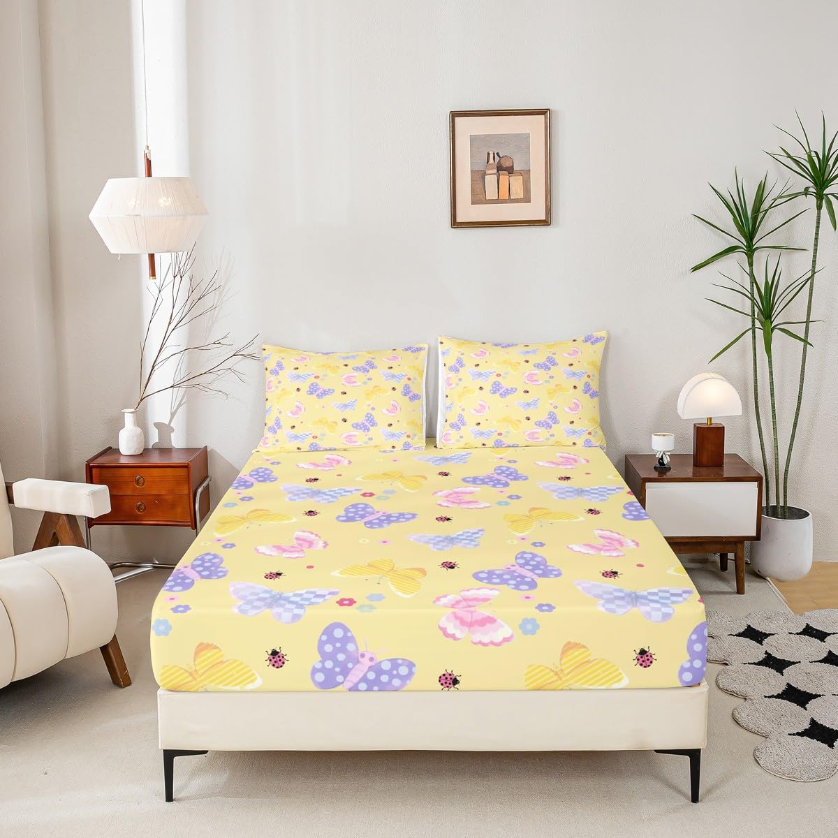 Feelyou Cute Butterfly Fitted Sheet with 1 Pillowcase Twin Size Kawaii Floral Bed Sheets Set 16" Deep Pocket Boys Girls Butterfly Printed Pattern Bedding Cartoon Pink Ladybug Teens Bedroom Decor