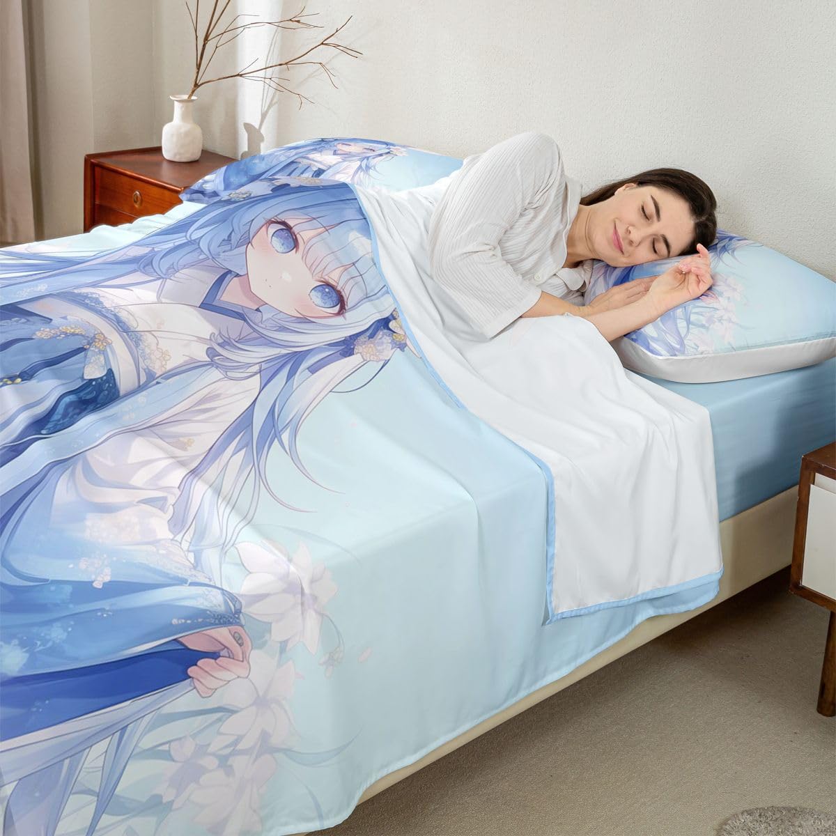 Traditional Japanese Girl Sheet Set Kawaii Decor, 3D Anime Girl Bed Sheets Set Cartoon Japanese Girl Bedding Set, Blue Butterfly Decorations Sheets Twin, 1 Flat Sheet 1 Fitted Sheet 1 Pillow Case