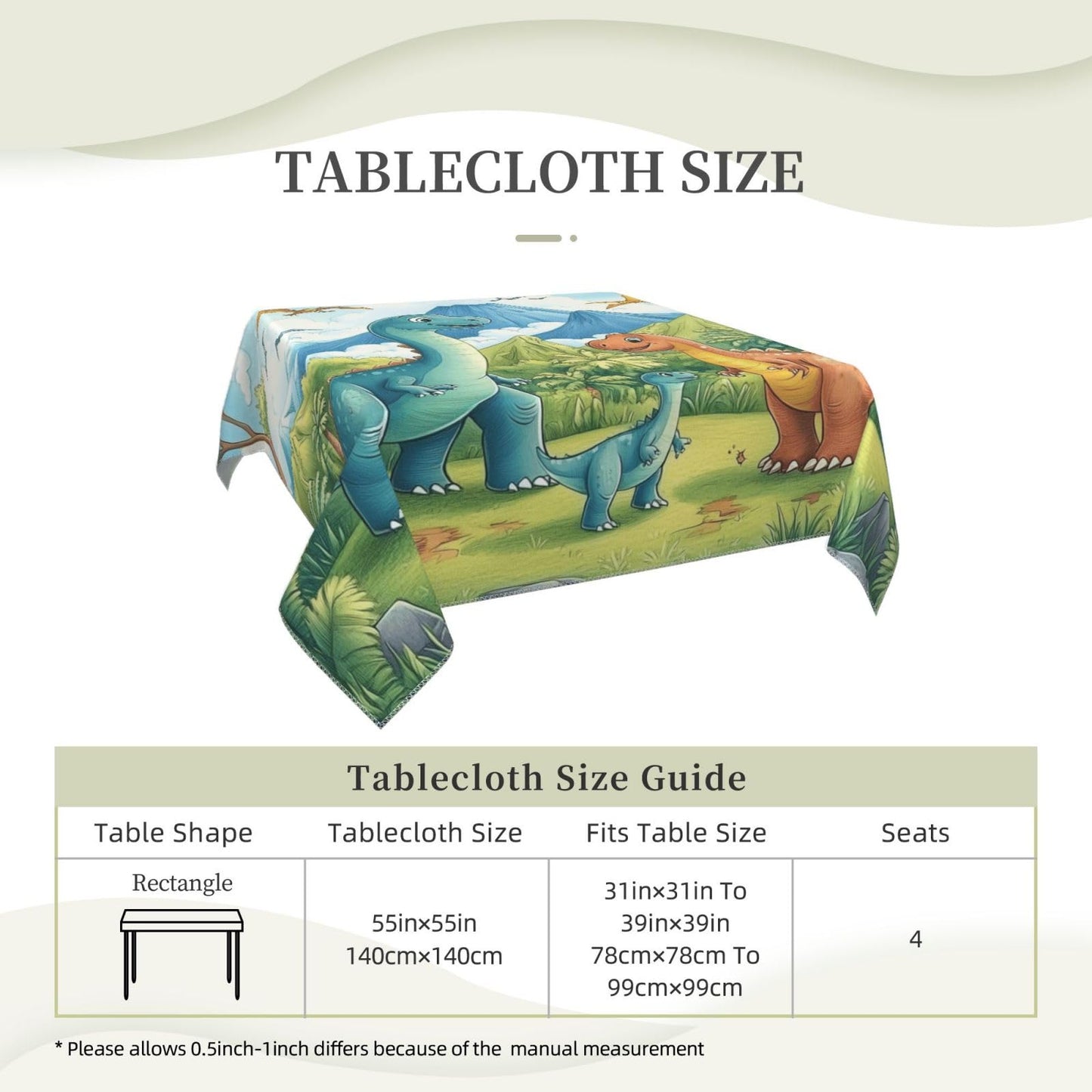 Entemne Square Table Cloth 55x55 Inch Jungle Cartoon Dinosaurs Tablecloth Washable Soft Wrinkle Free Dust Proof Card Table Cover for Tea Party Picnic Kitchen Dining Decor
