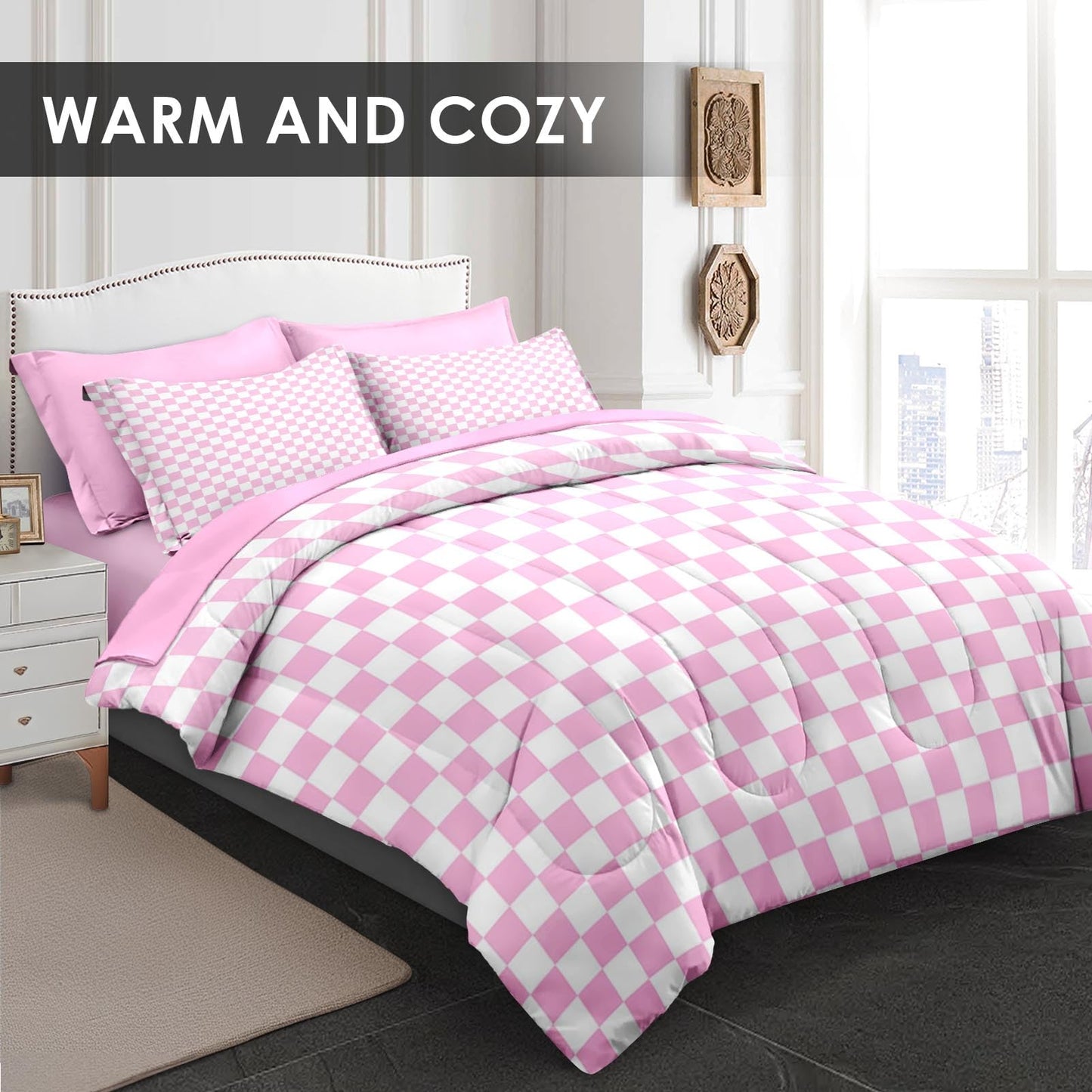 Checkerboard Grid Geometric Bean Pink Comforter Set 7 Pcs Full Size Quilt, Checkered Modern Abstract Plaid Soft Bedding Set with Flat and Fitted Sheet Pillowcases Sham for Adults Bedroom Bed Decor