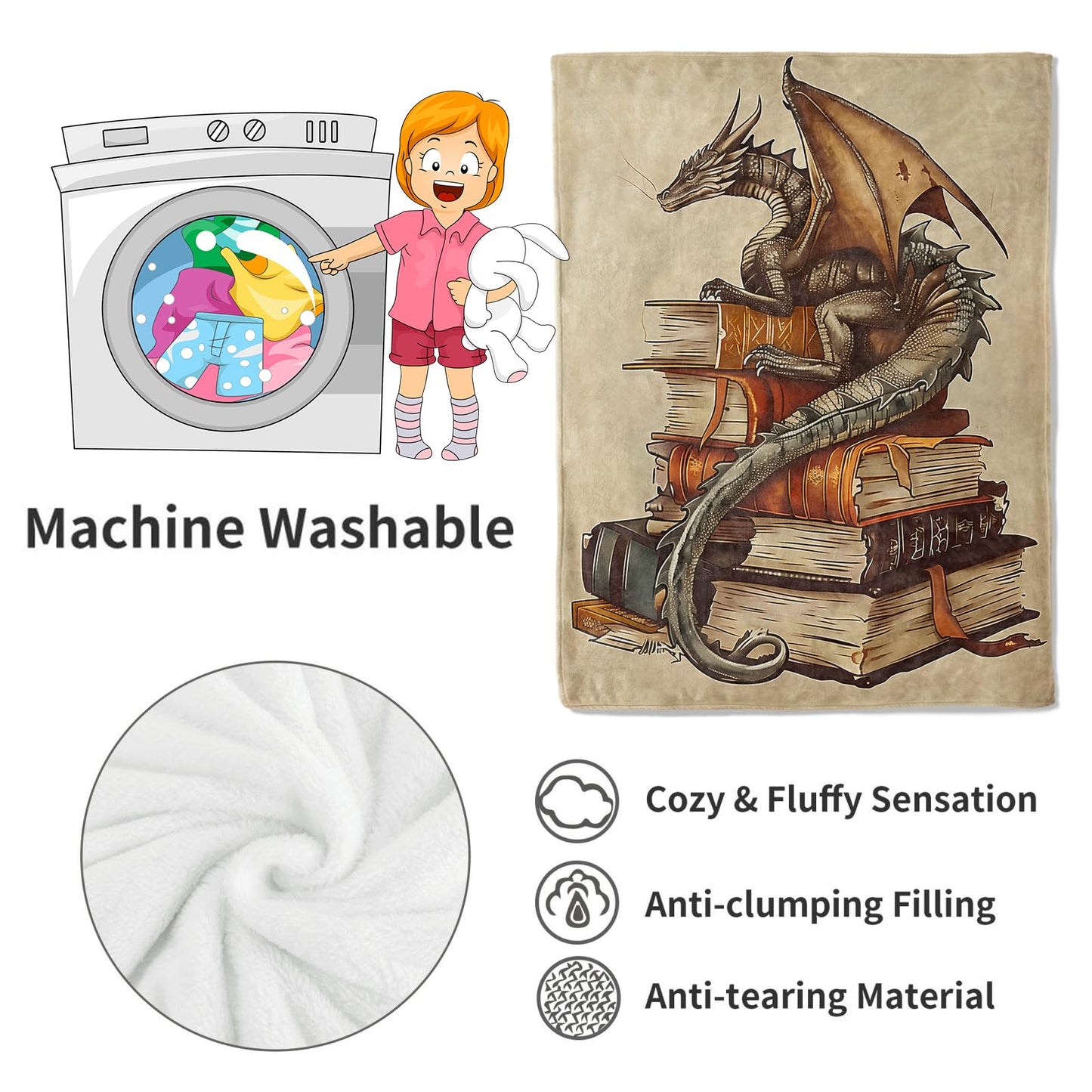 VODRM Dragon and Book Blanket Mystical Fantasy Throw Blankets with Ancient Books and Majestic Animal,Birthday Gifts for Kids Women,Lightweight Soft Fleece,for Sofa Couch Bed Room Decor 50x60in