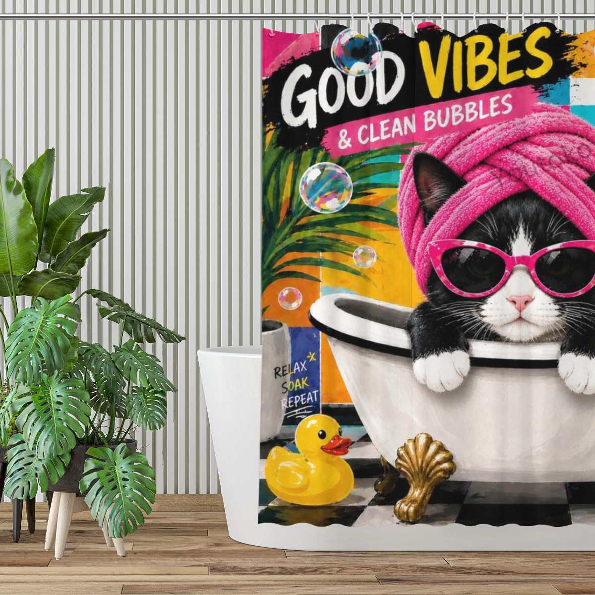 Youtoko Funny Tuxedo Cat Shower Curtain with Sunglasses and Towel in Bubble Bath 72x72 12 Hooks Waterproof Washable Polyester Bathroom Decor