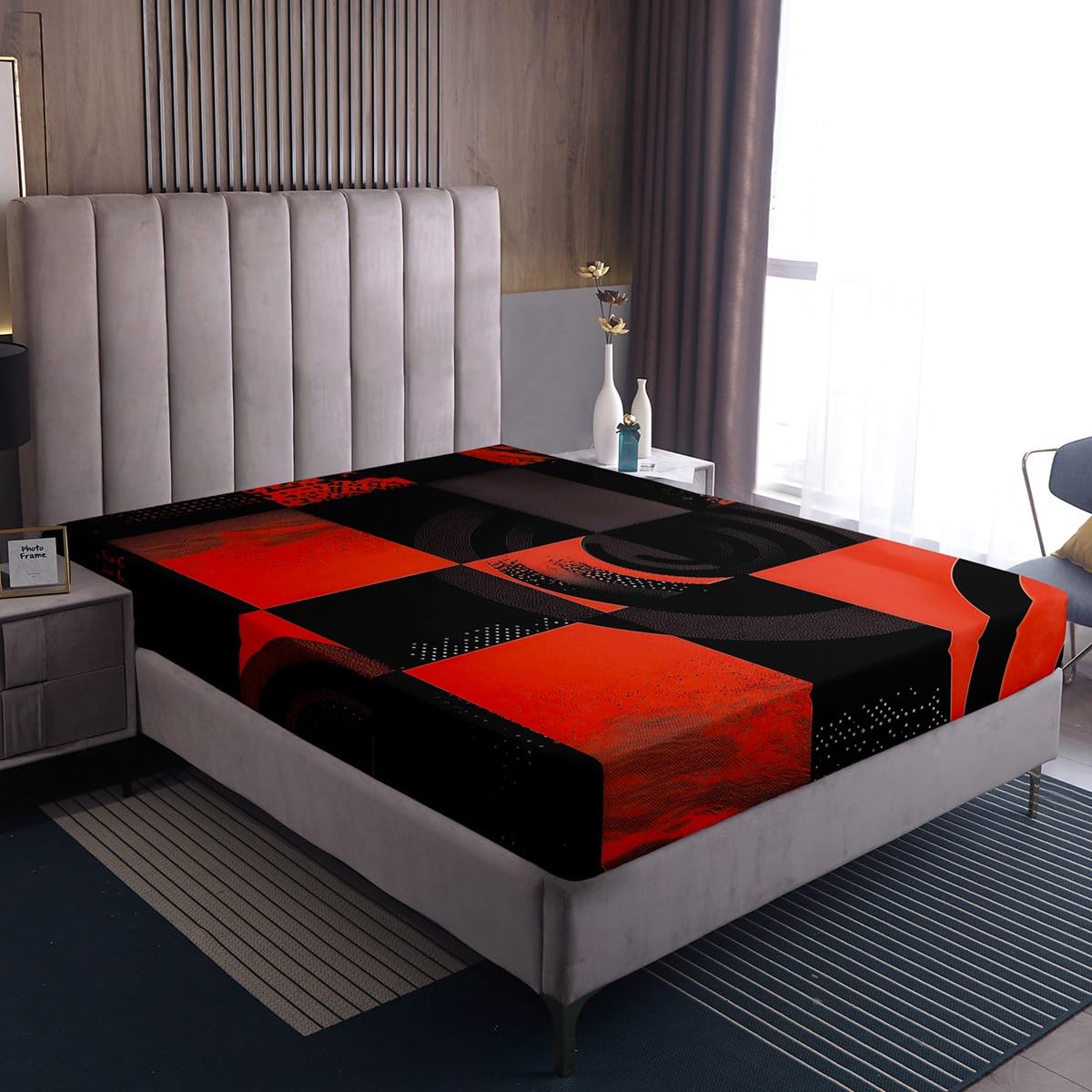 jejeloiu Black and Red Fitted Sheet with 1 Pillowcase Twin Size Abstract Bed Sheets Set 16" Deep Pocket Boys Girls Bedding Plaid Teens Bedroom Decor Breathable Soft Lightweight Microfiber