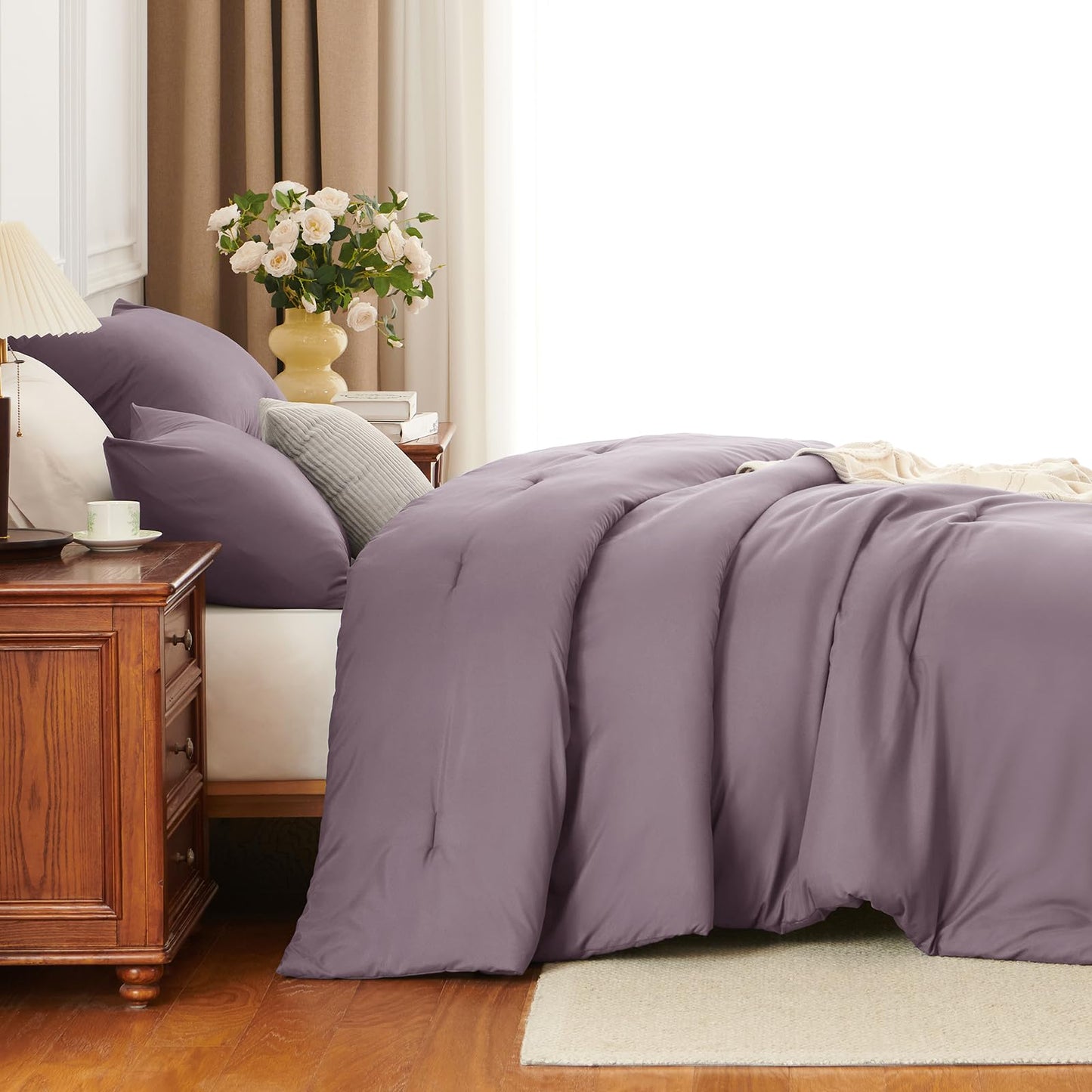 HIMEET King Size Comforter Set 3 Piece, 270GSM Down Alternative Fill, Oeko-TEX Certified, Quilted with 8 Corner Ties, All Season Bedroom Bedding with 2 Pillowcases, Dusty Purple