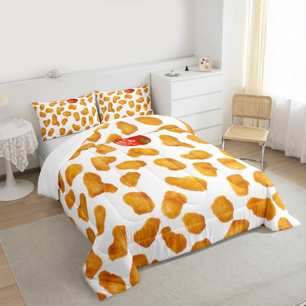 Erosebridal Chicken Nuggets Fried Comforter Set for Kids Boys Girls Teens Adult Food Bedding Set Queen Size Funny Food Down Comforter Men Women Duvet Set Bedroom Decor, Yellow