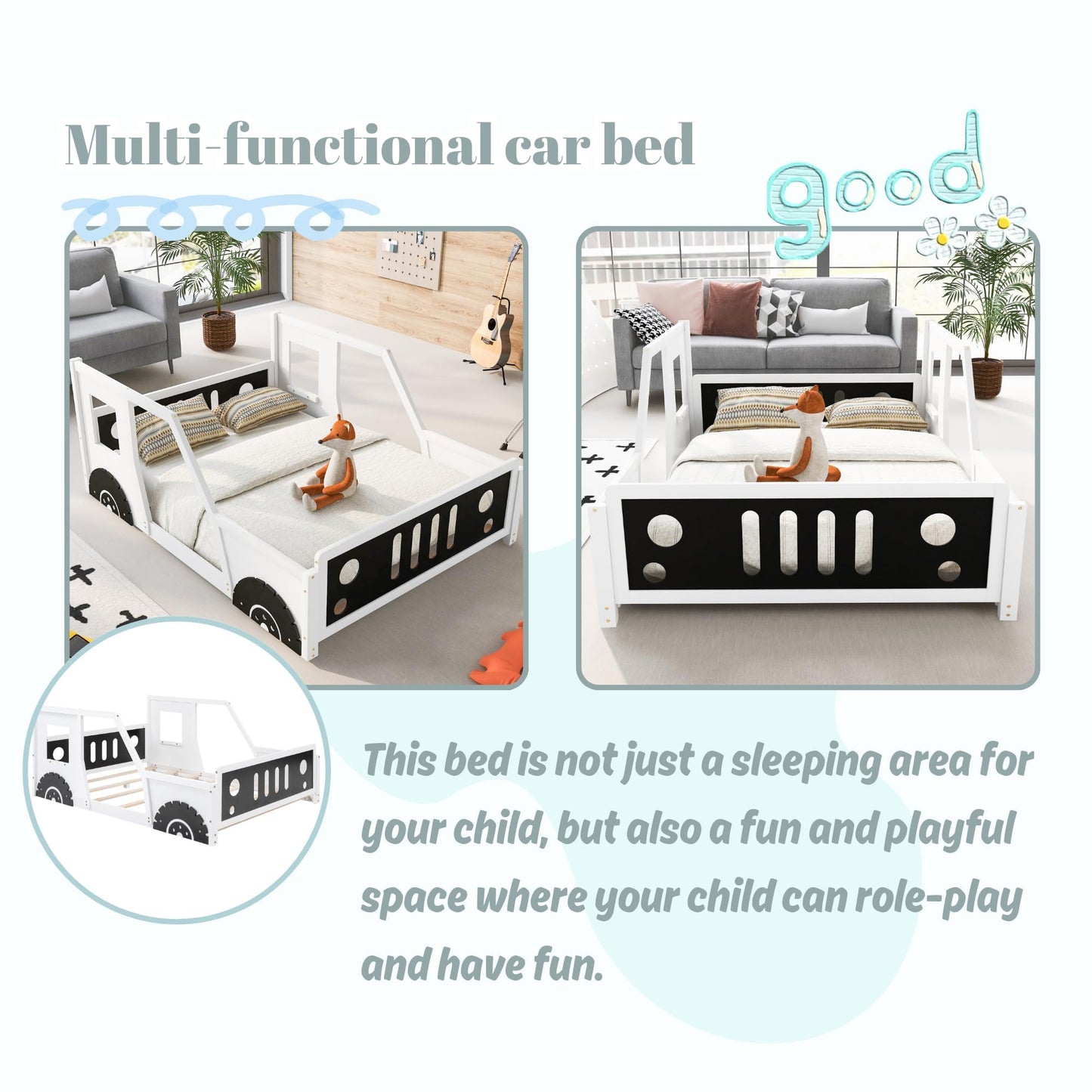 Bellemave Twin Size Car Bed, Classic Car-Shaped Platform Bed with Wheels, Wood Twin Montessori Floor Bed for Kids Boy Girls (White+Black)