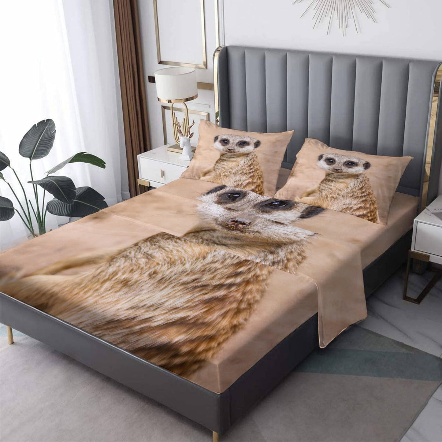 THYUNQ Meerkat Sheets Full Size Bed, 3D Animal Pattern Bedding Sheets & Pillowcases - 16 Inch Deep Pocket, Super Soft Microfiber Printed Sheet Set 4 Piece
