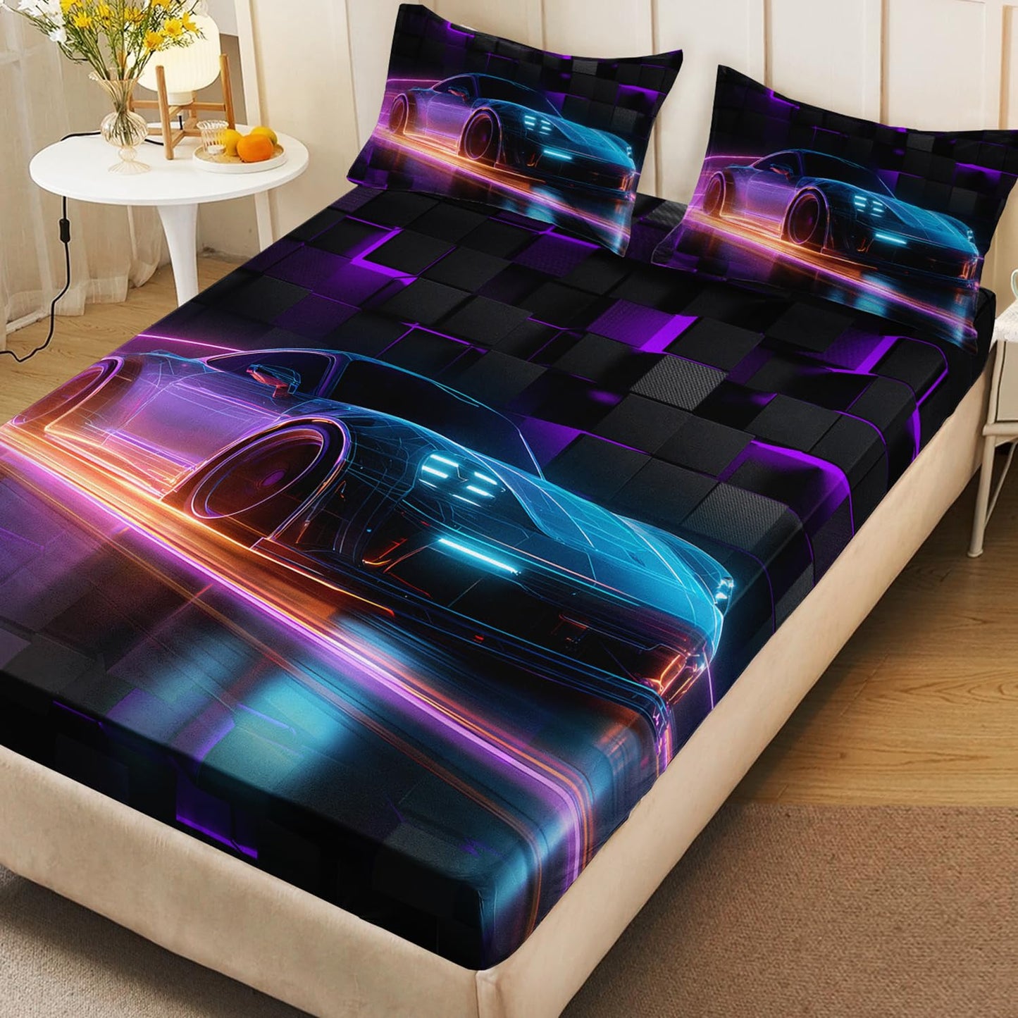 HOSIMA Boys Race Car Twin Bedding Sets,Lightweight Fitted Sheet,Geometric Background Pattern Cool Extreme Sports Bedding for Kids Men Car Room Decor,1 Fitted Sheet+2 Pillowcases.