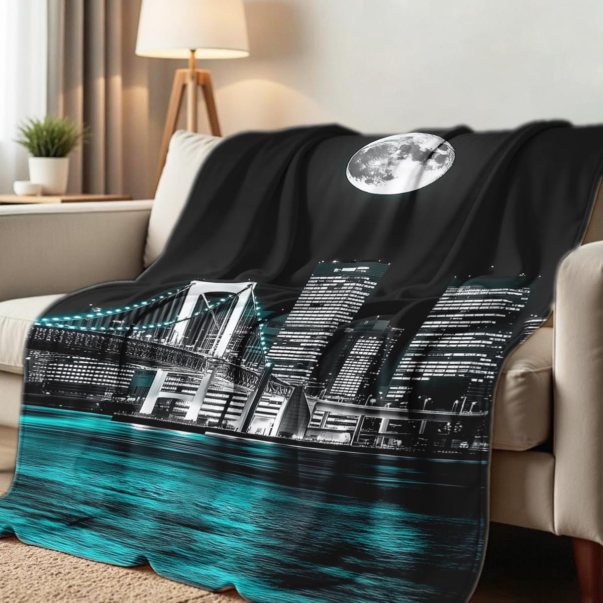 HUNXIAOJ New York City Building Blanket for Bed Couch Cityscape Blanket Throw Black White Teal Decor Flannel Prints Bedding Home Decor (49"x59")