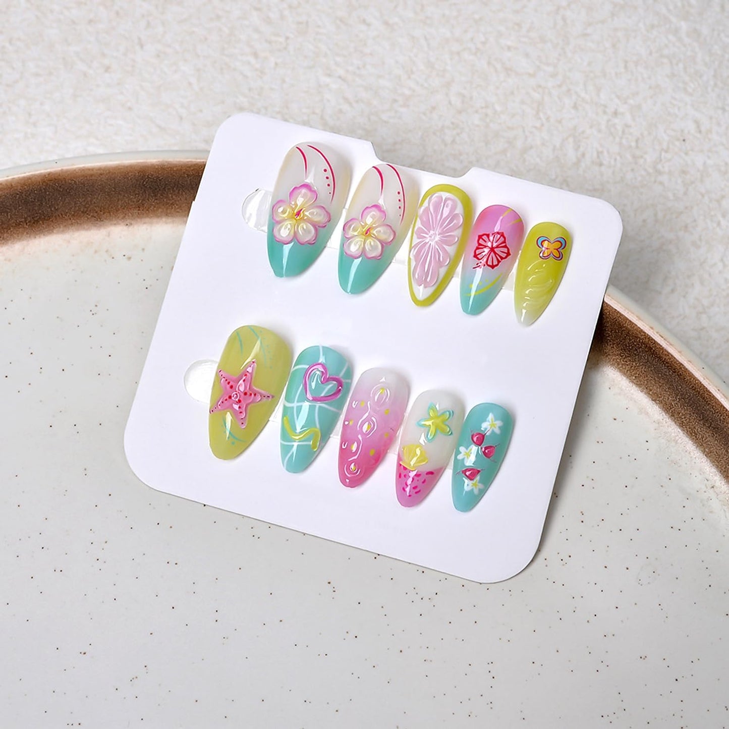 24Pcs Summer Colorful Press on Nails Medium Almond Fake Nails 3D Cute Flower Fruit with Pearl Design,Beach Starfish False Nails Full Cover Glue on Nails Artificial Acrylic Nails Handmade DIY for Women