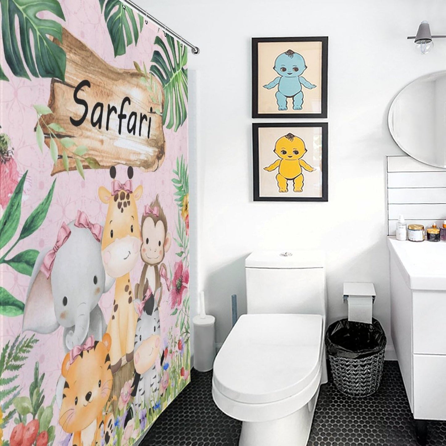 TKUYO Kids Safari Animals Shower Curtain, Cartoon Giraffe Elephant Monkey Woodland Jungle Tropical Leaf Pink Waterproof Fabric Bathroom for Baby Kids Shower Curtain Set with Hooks, 72"x72" Inch