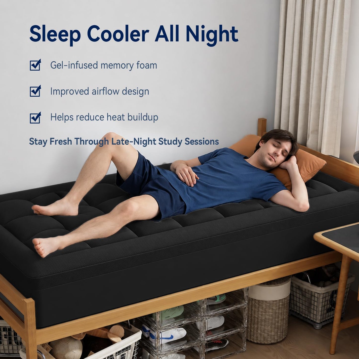 ELEMUSE 3 Inch Dual Layer Memory Foam Mattress Topper Twin XL, Dorm Room 2 Inch Cooling Gel Memory Foam Plus 1 Inch Down Alternative Pillowtop Mattress Pad,College Essential, Comfort Support, Black