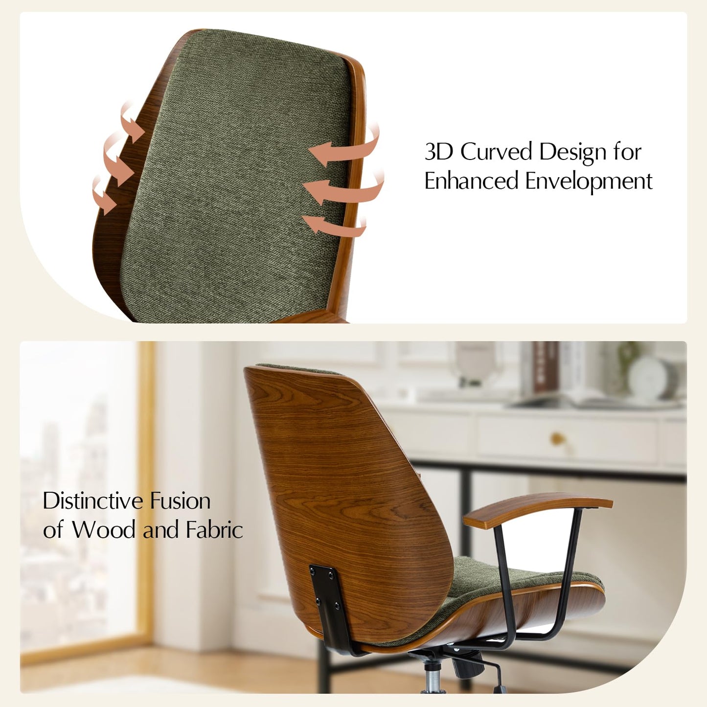 HULALA HOME Solid Wood Office Chair with Rocking Function, Comfy Fabric Desk Chair with Bent Wood and Metal Base, Height Adjustable Swivel Computer Task Chair, Green