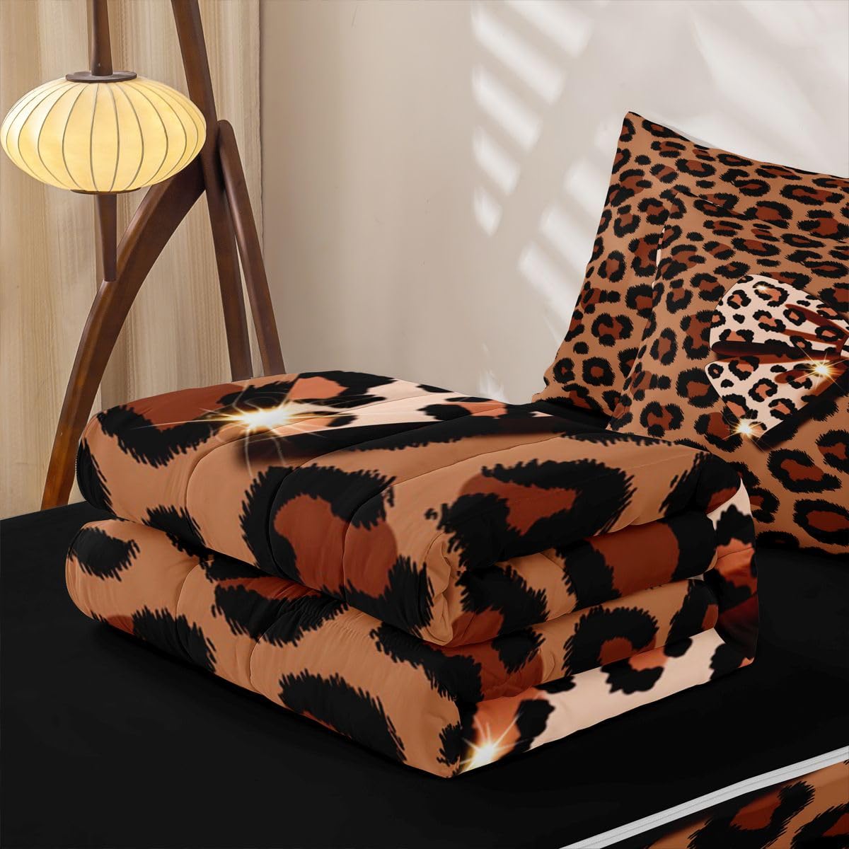 jejeloiu Girls Bow Zipper Bedding Leopard Print Comforter Set for Kids Boys Girls Twin Size White Brown Bowknot Zippered Kids Bedding Set Ultra Soft Cheetah Bed in a Bag Animal Print