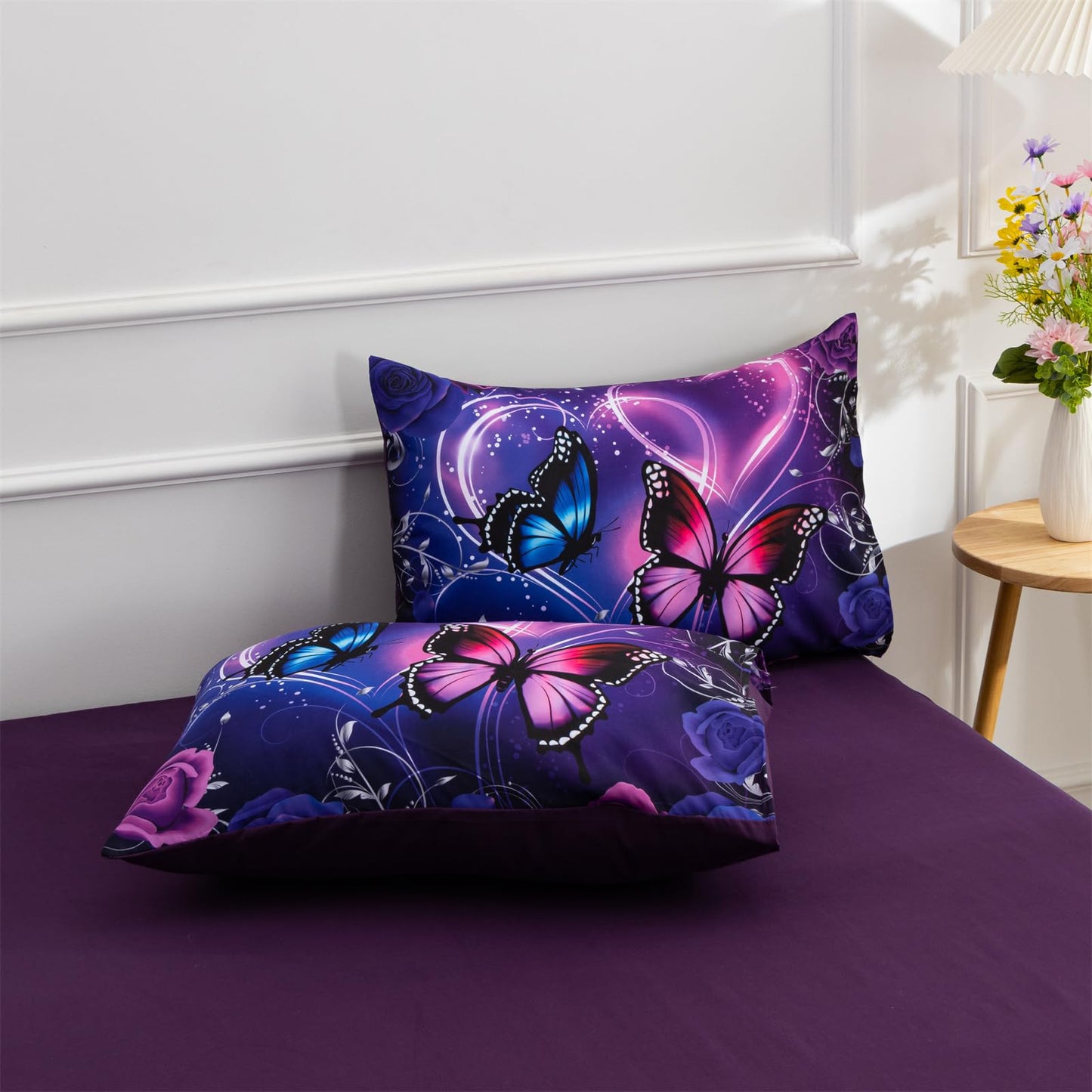 A Nice Night Galaxy 6pcs Bed in a Bag Purple and Blue Dreamy 3D Butterfly Printed, Butterflies Bedding Full Comforter Set, for Girls Kids Teens