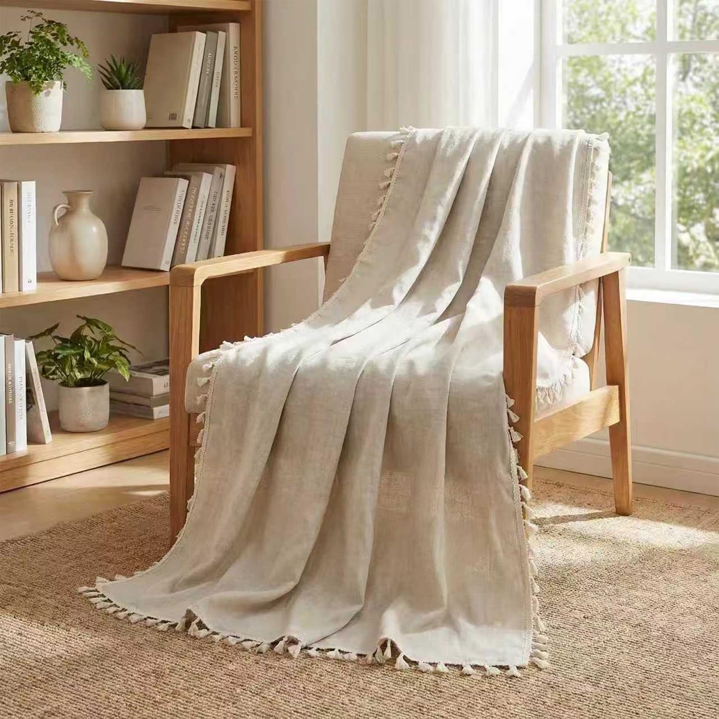 Yamalinn 100% Linen Throw Blanket 50x60 Inch, Lightweight Boho Decorative Blanket for Couch Bed Sofa, French Country Style with All Edge Tassels, Farmhouse Living Room Decor
