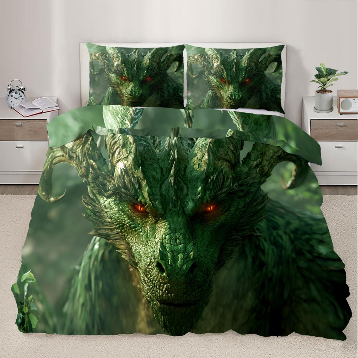 PAISUOQ Dragon Duvet Cover King Size, Fantasy Dragon Bedding Set, 3 Piece, Soft Microfiber Patterned Comforter Cover with Zipper Ties & 2 Pillowcase, Jungle Animal Bedroom Decor & Gifts