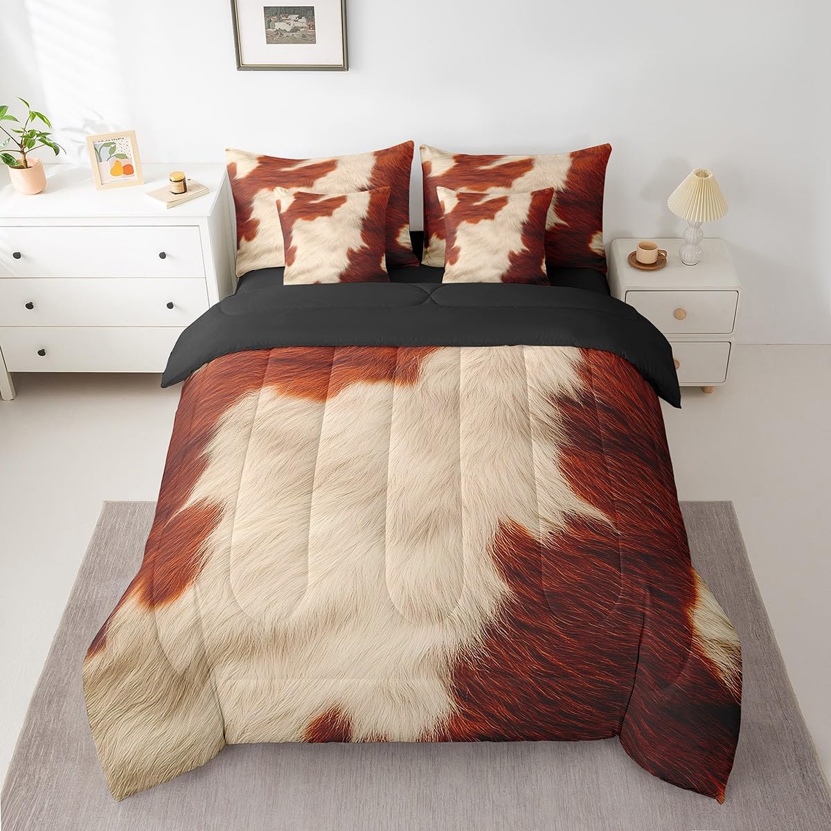 Erosebridal Brown Cowhide Bed in A Bag King Size Cow Print Kids Comforter Set 7 Piece Rustic Western Cowboy Bedding Set for Boys Teens Adult Bedroom Decor Farm Animal Fur Farmhouse Sheets