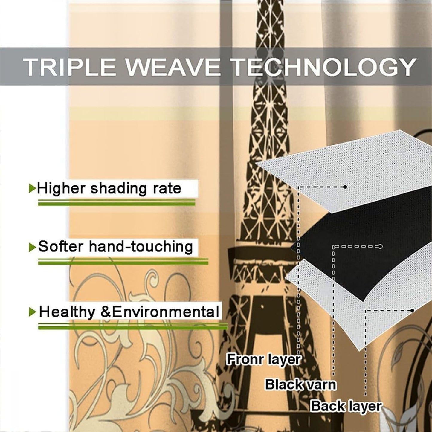 HZOHNAGO Paris Eiffel Tower Curtains Retro Figure Vintage Golden Tower Pattern Blackout Print Rod Pocket Window Drapes for Bedroom Living Room 42x45in