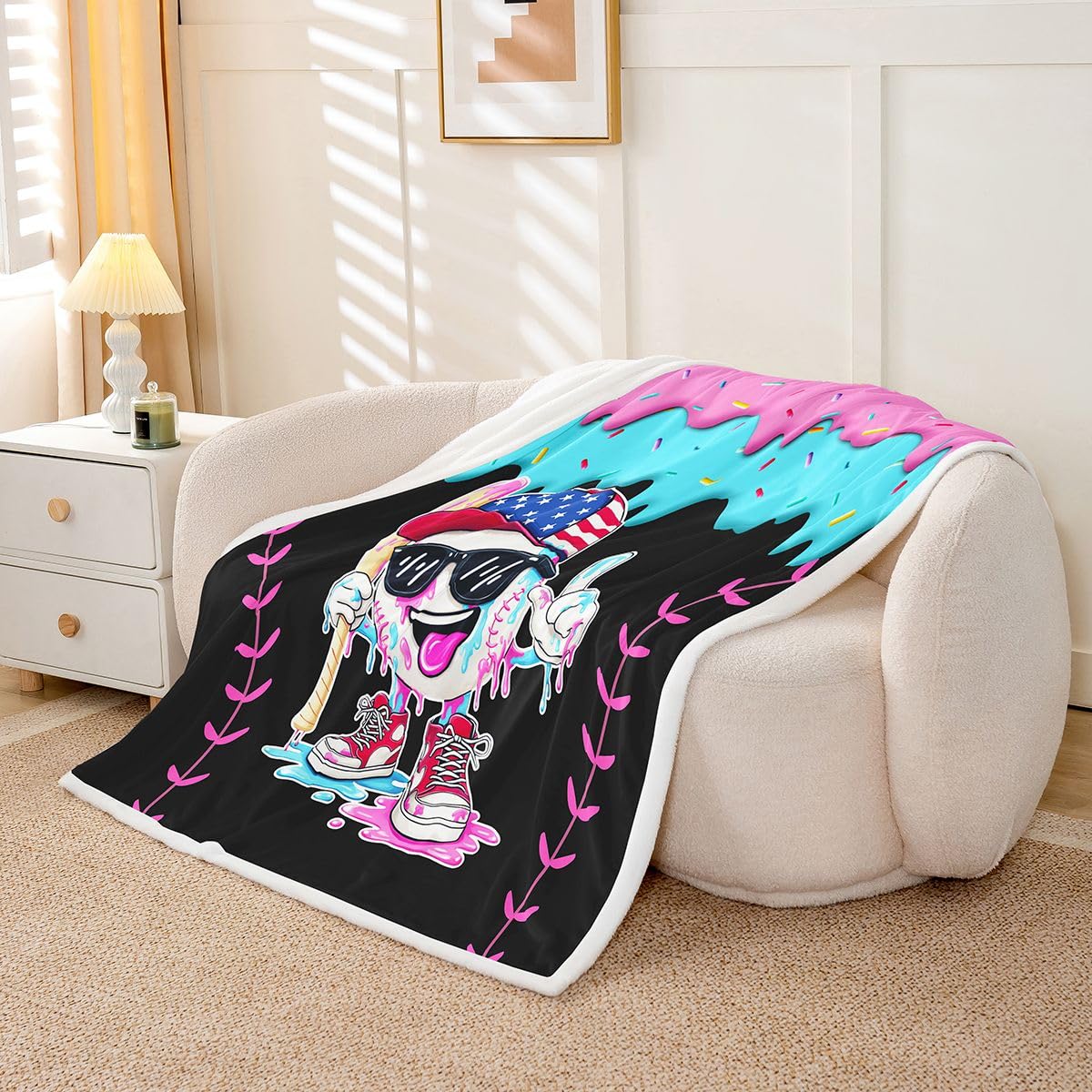 jejeloiu Ice Cream Baseball Fleece Throw Blanket Sweet Sport Hybrid Sherpa Blanket for Kids Women Men Plush Fuzzy Dessert 40"x50" Pink Blue for Bed Couch Chair Living Room Bedroom Decor