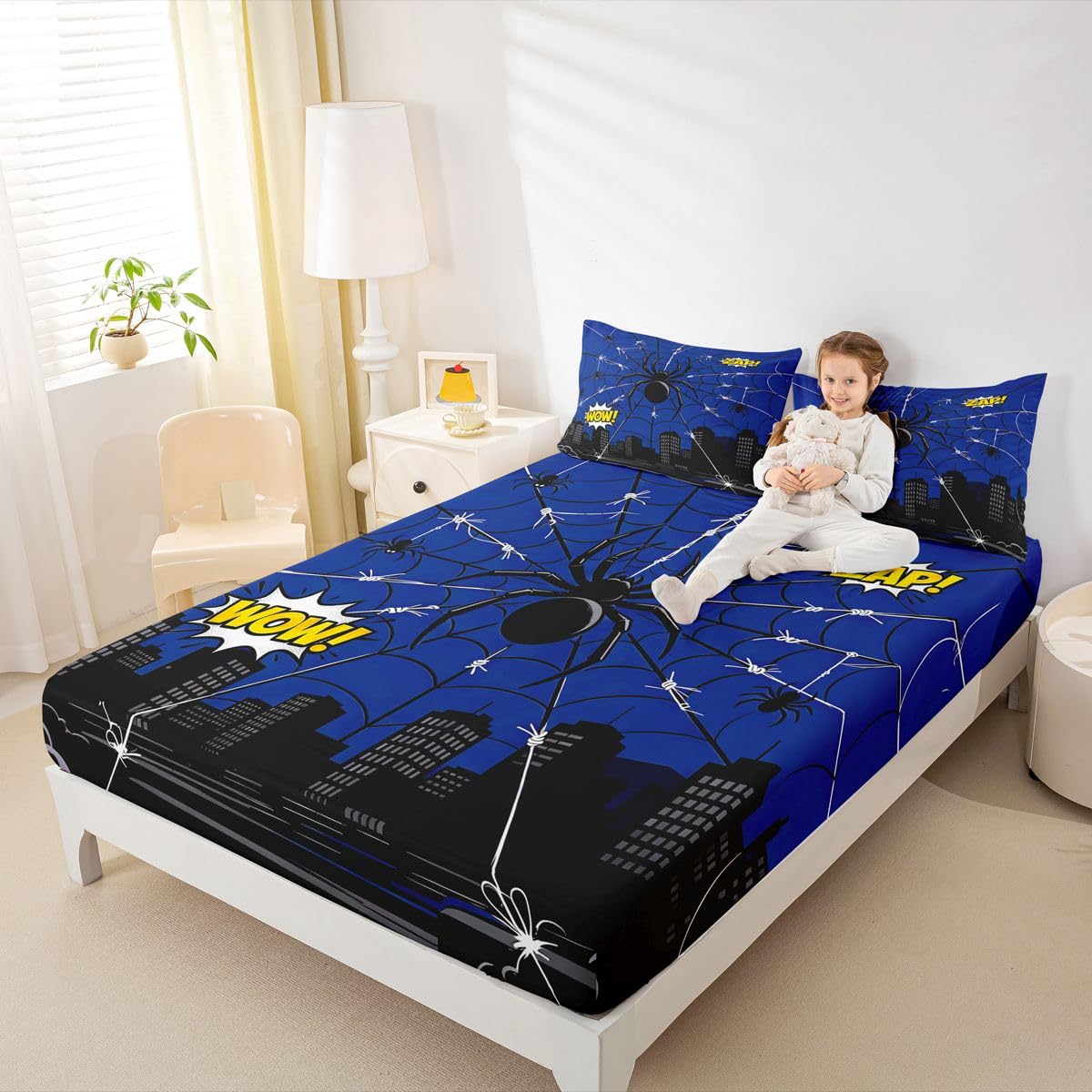 Black Spider Web Fitted Sheets Full Size (No Flat),Cartoon City Nightscape Bedding Set 3Pcs,Kids Teens Woman Room Decor,Anime Style Urban Bed Sheet Hero Themed Lover Deep Pocket Sheet,2 Pillowcases