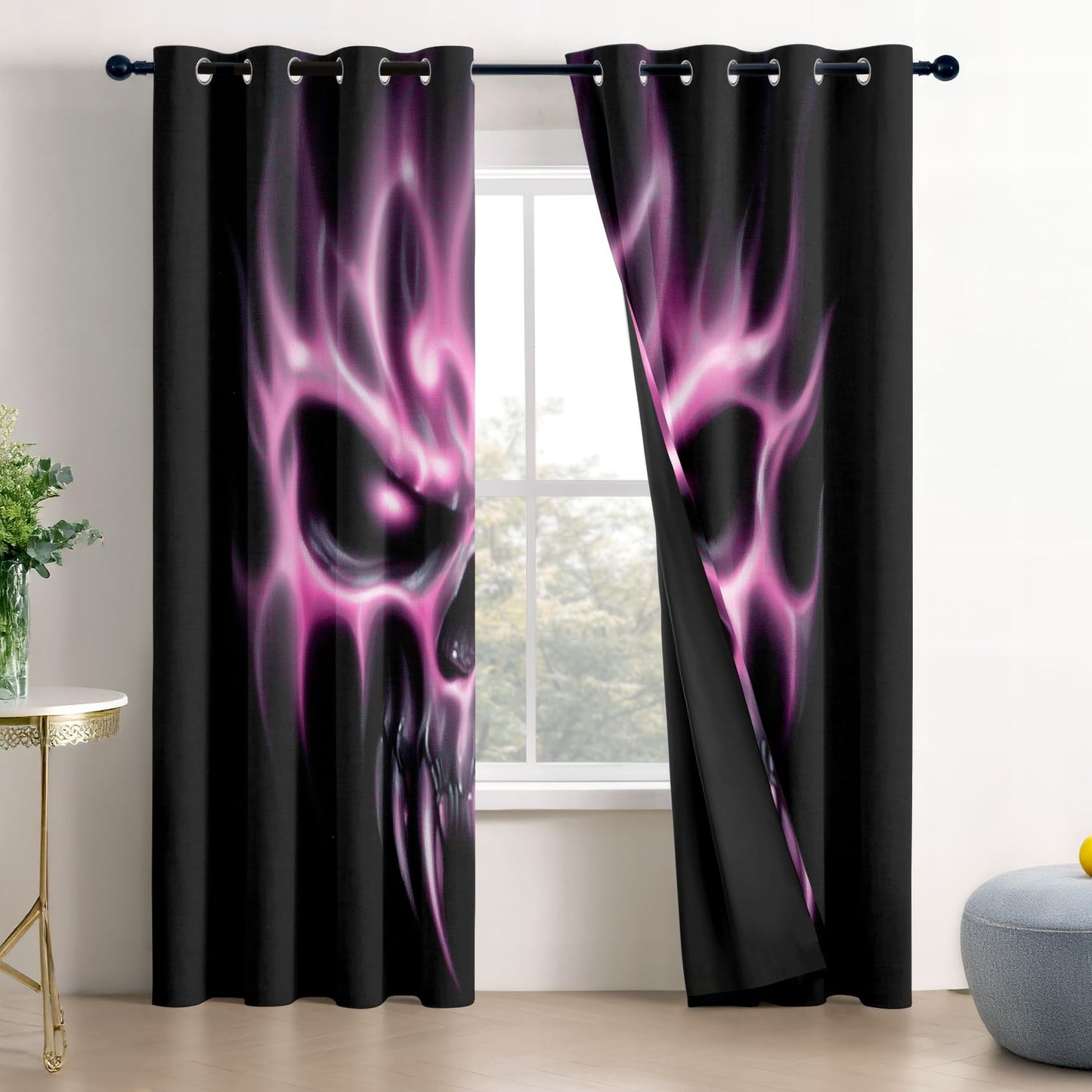 Solvivae Gothic Black Out Curtains 63 Inch Long, Flame Skull Curtain for Bedroom Living Room, Room Darkening Thermal Insulated Grommet Drapes, Horror Spooky Halloween Window Curtains