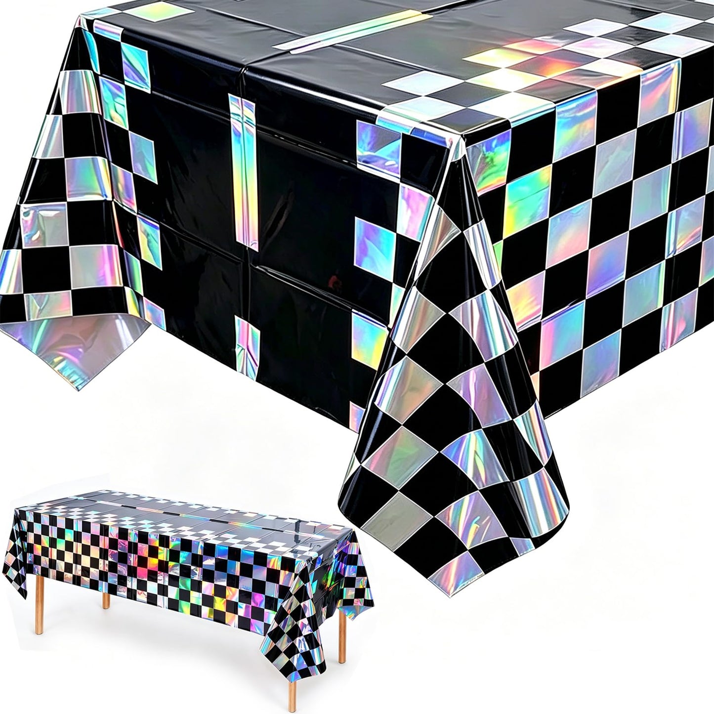 2Pack Iridescent Race Car Checkered Tablecloth Disposable Party Decorations