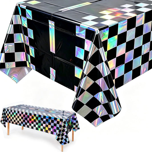 2Pack Iridescent Race Car Checkered Tablecloth Disposable Party Decorations