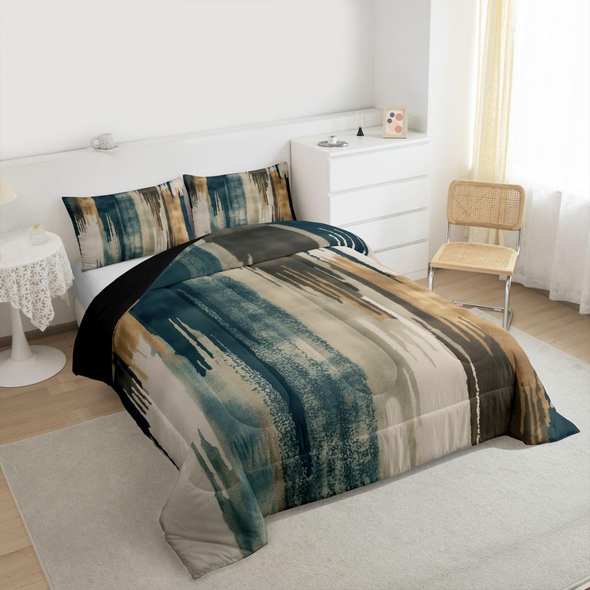 jejeloiu Blue Brown Abstract Kids Comforter Set Queen Size Modern Art Bedding Set Splash Ink Abstract Duvet Quilt for Kids Boys Girls Bedroom Luxury Decor Microfiber Ultra Soft Breathable