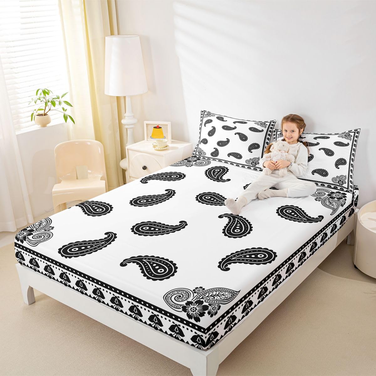Erosebridal Paisley Floral Bed Sheets Set Full Mandala Exotic Chic Flower Sheet Set Retro Boho Sheets Black White Flat Fitted Sheet