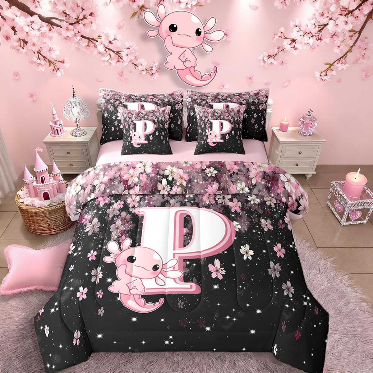 Erosebridal Pink Axolotl Bedding Set for Teen Girl (Pink Black,7Pcs,Twin Size) - Cute Initial Letter P Bed in A Bag Cherry Blossom Comforter Set Girly Preppy Cute Axolotl Quilt with Initial Design