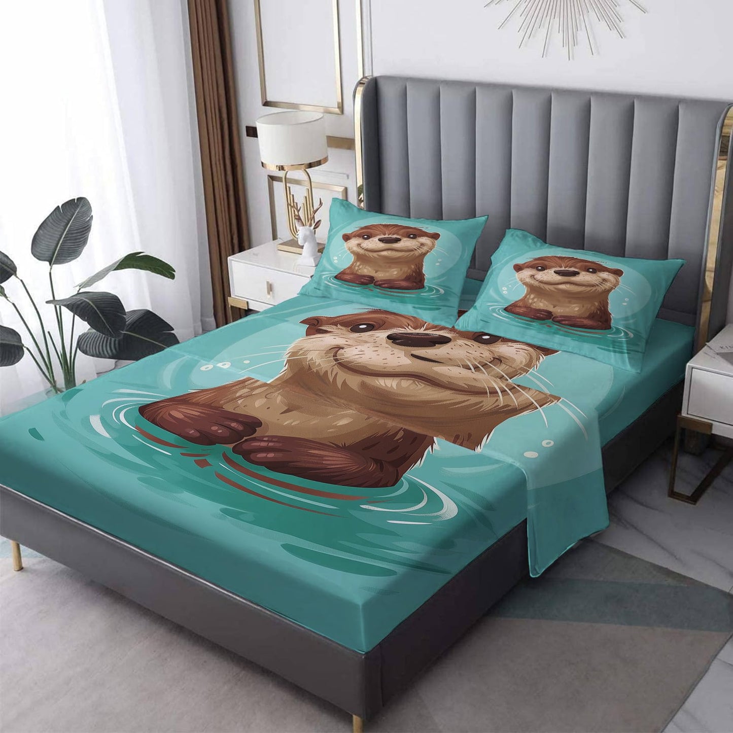 Rejkxyw King Size Sheets Set Cute Otter - Cartoon Animal Bed Sheets - Kids Boys Girls Sheet Set - 12 Inch Deep Pocket - Ultra Soft Winkle Free Microfiber Bedding Sheets & Pillowcases 4 Piece