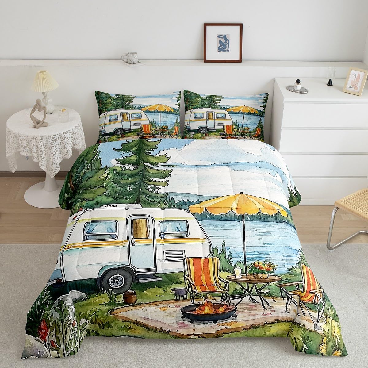Erosebridal Camper Rv Car Bedding King,Happy Camping Comforter Set Travel Trailers Bed Sets Watercolor Painting Theme Duvet Insert 3 Pieces