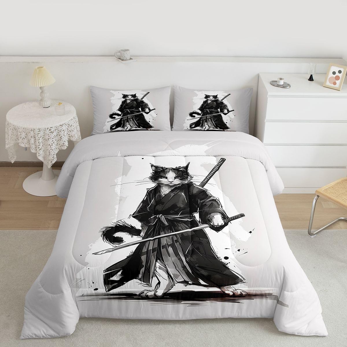 jejeloiu Samurai Comforter Set All Season Japanese Ukiyoe Bedding Set with 2 Pillow Cases Cat Microfiber Kids Queen Bedclothes Animal Bedroom Decor Duvet Quilt Breathable Soft Lightweight