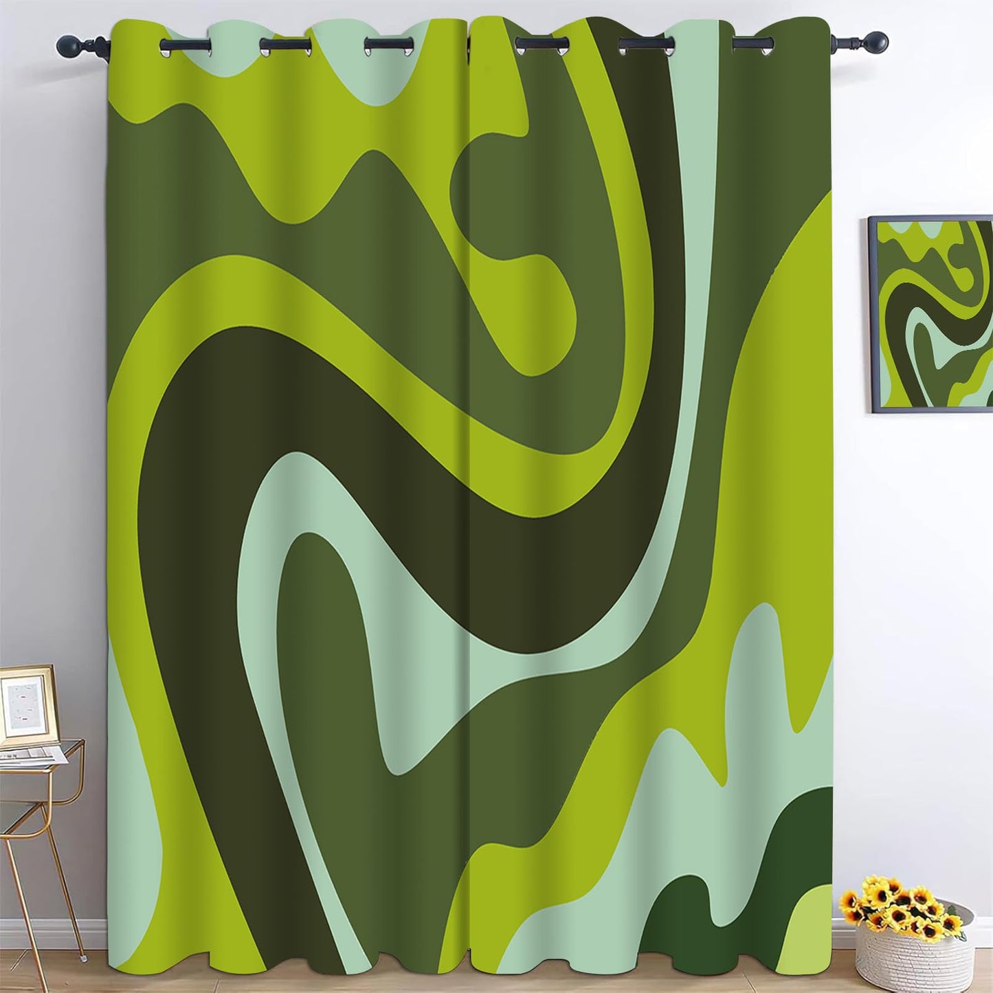 Abstract Wave Blackout Curtains 84" W x 54" L, Emerald Green 3D Print Pattern Curtain, Top Grommet Darkening Curtain for Bedrooms Living Rooms Hallways Children's Rooms and Studies