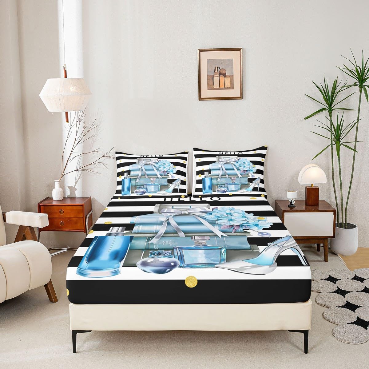 Erosebridal Black and Blue Bed Sheets King Size Fashion Black White Girly Sheet Set for Girl Women Modern Flower Floral Perfume Striped Bedding Set High Heels Magazine Books Sheets