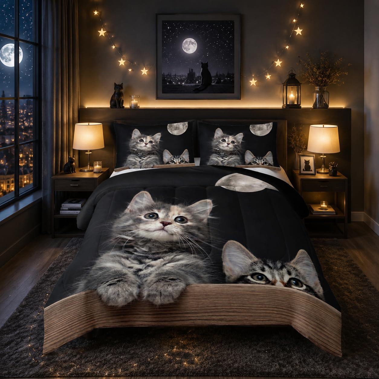 Nttopship Kids Cute Cat Comforter Bedding Set Twin,Grey Kawaii Pet Cat Bedding Set 3 Piece for Teens Kids Boys Girls Adults Animals Pattern Room Decor Soft Comforter with 2 Pillowcases
