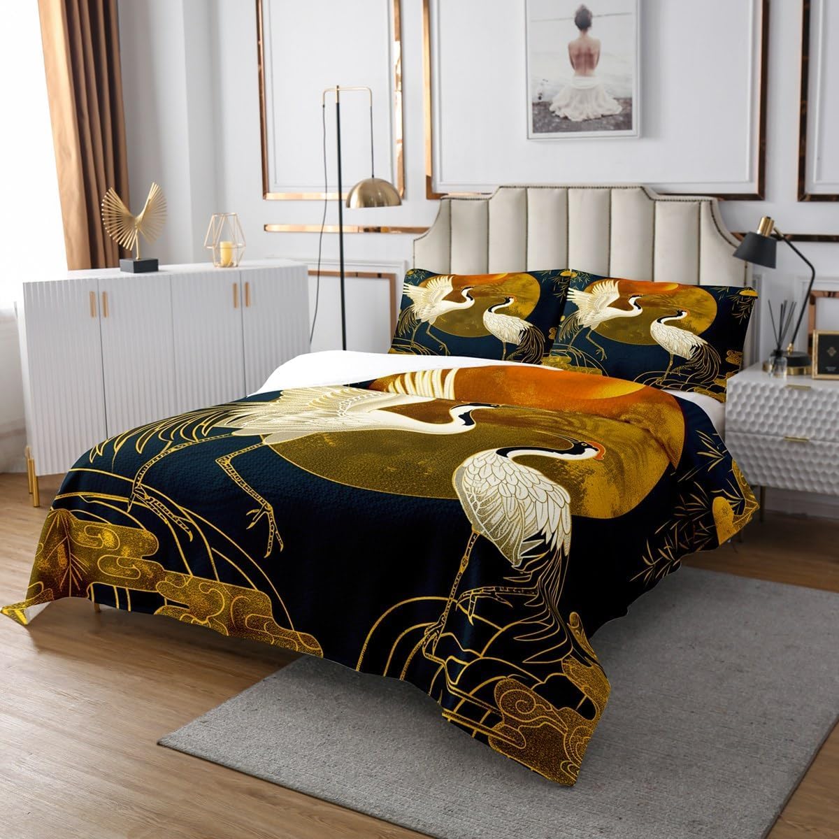 Japanese Crane Bedspread Queen Size,Gold Sun Cloud Stripes Bedding Sets 3Pcs,Retro Ukiyoe Leaf Print Comforter Set for Adult Women Men Room Decor,Wild Animals Coverlet Quilt,2 Pillowcases