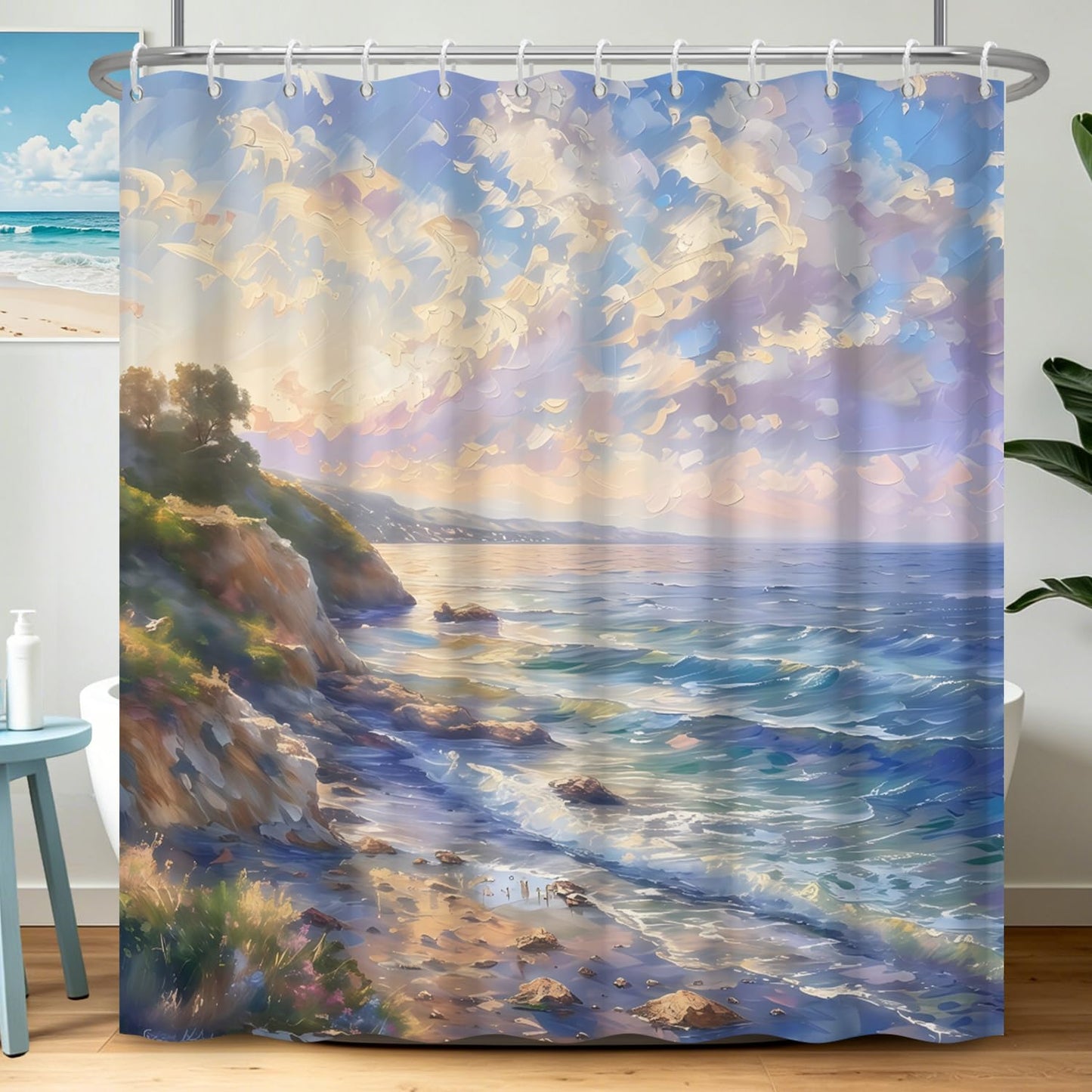 Xiazhilaio Coastal Landscape Shower Curtain with Hooks 71″ x 74″ – Ocean & Sky Scenic Art Print Waterproof Fabric Bath Tub Curtain for Beach House & Spa Style Barthroom Decor