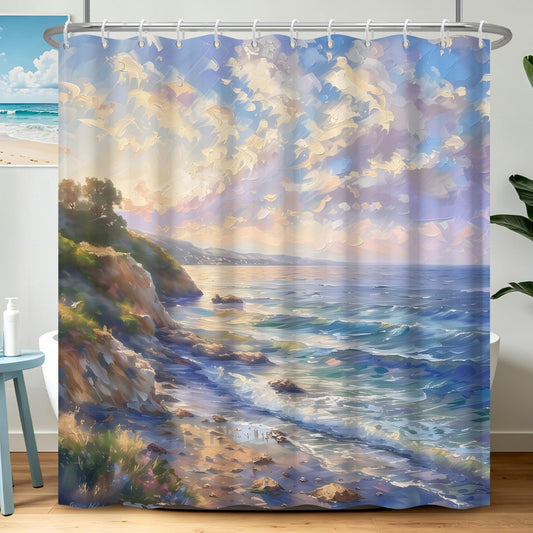 Xiazhilaio Coastal Landscape Shower Curtain with Hooks 71″ x 74″ – Ocean & Sky Scenic Art Print Waterproof Fabric Bath Tub Curtain for Beach House & Spa Style Barthroom Decor