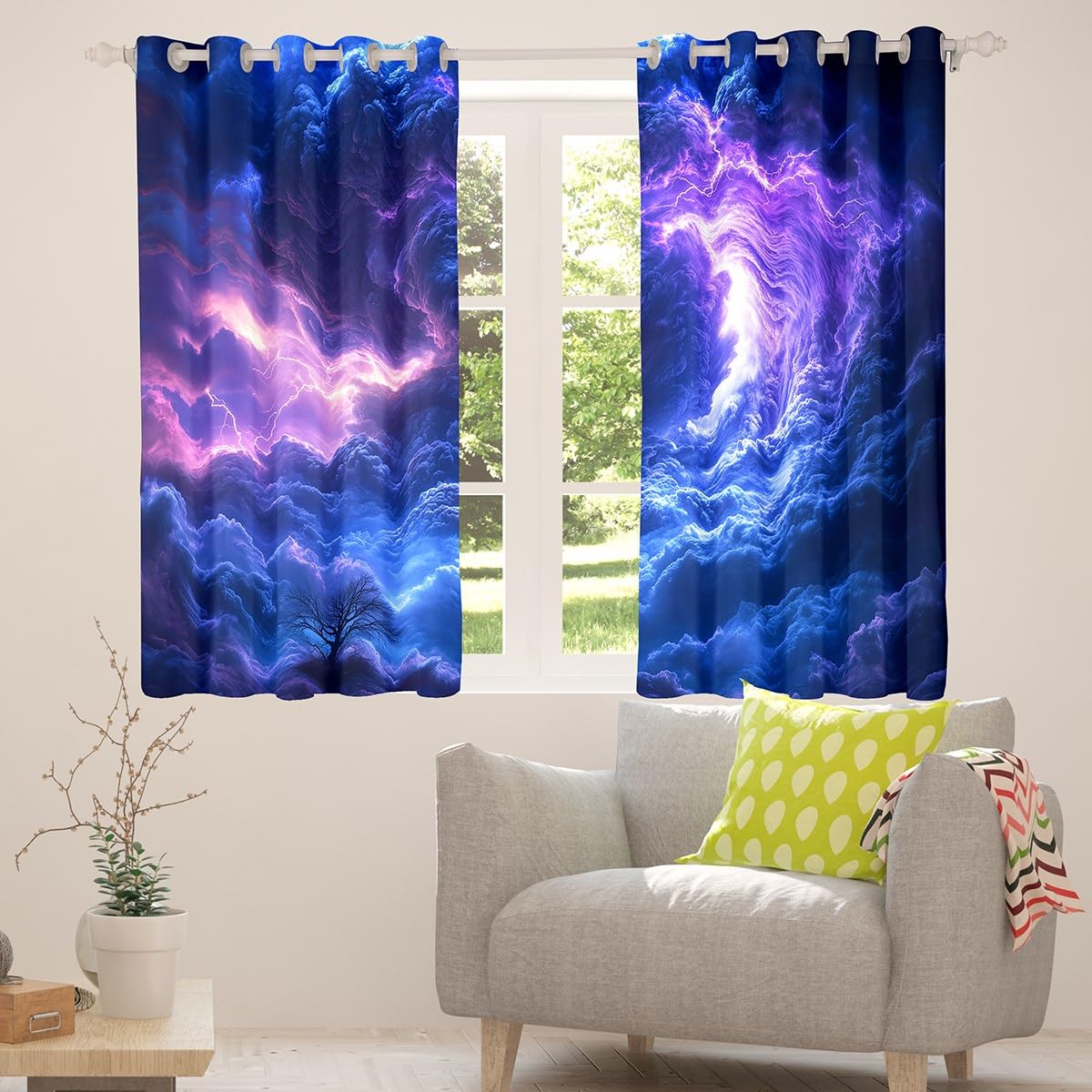 Erosebridal Tornados Curtains 38" Wx45 L,Purple Blue Lightning Window Curtains Drapes for Kids Boys Adults,Natural Disaster Room Decor for Storm Chaser