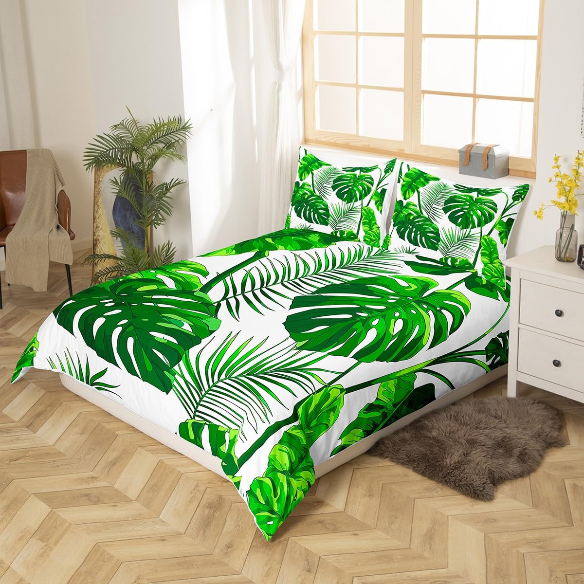 Erosebridal Leaves Duvet Cover Queen Size for Kids Boys Girls,Decorative Luxury Palm Leaf Print Bedding Set Botanical Plant Green Soft Microfiber Tropical Comforter Cover with 2 Pillow Shams, Zipper