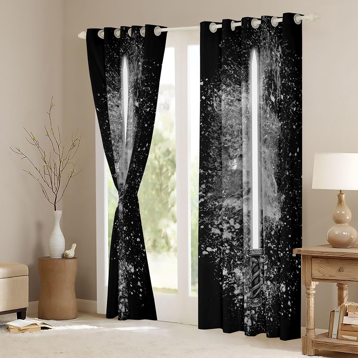 Feelyou Lightsaber Curtains 42W X 63L Inch for Kids Boys Teens Grey Black 2 Panels Window Curtains Bedroom Home Decor Tie Dye Rod Pocket Thermal Insulated Window Treatment Drapes Room Decoration